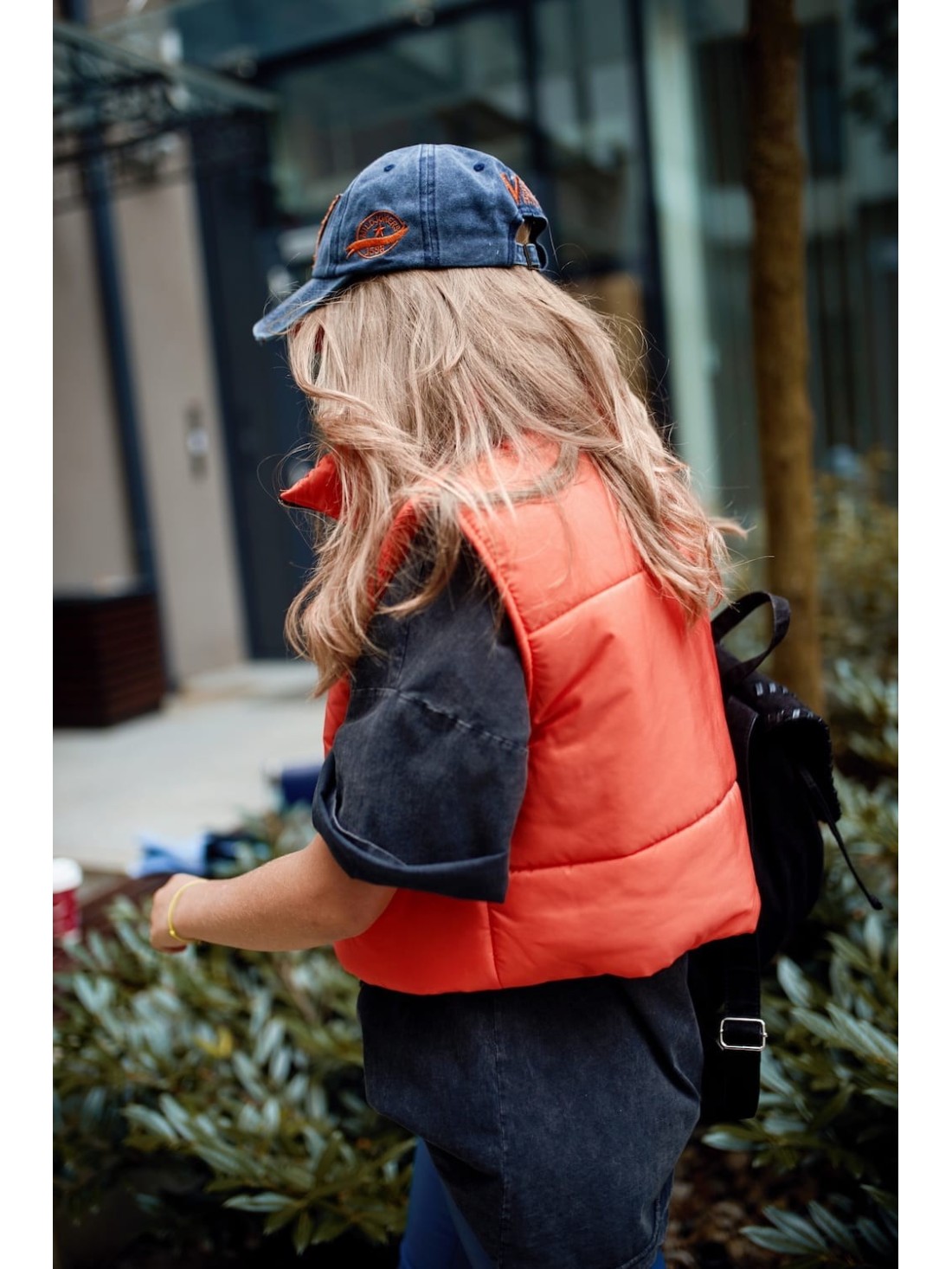 Short quilted vest with a stand-up collar, neon orange 999230 - Online store - Boutique